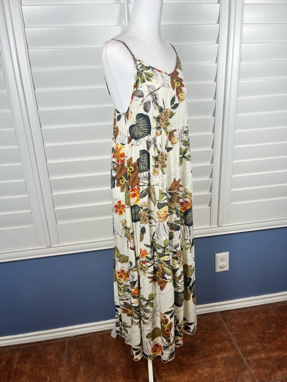 SHEIN Cream Maxi Slip Dress with Green&Brown Floral Print Size S Boho Coastal - Picture 2 of 7